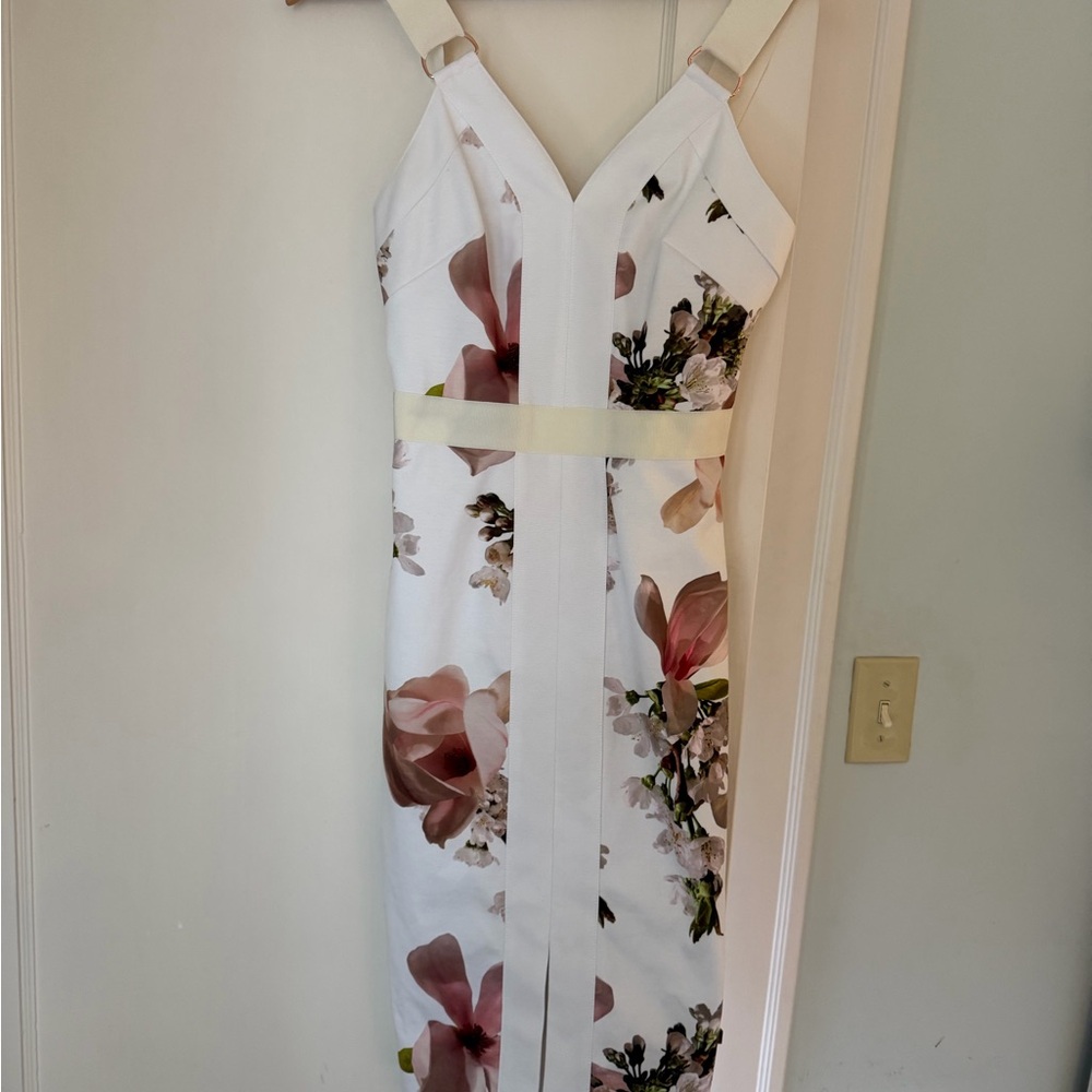 Ted Baker White Midi Dress with Pink Floral Print and Pale Yellow Waistband